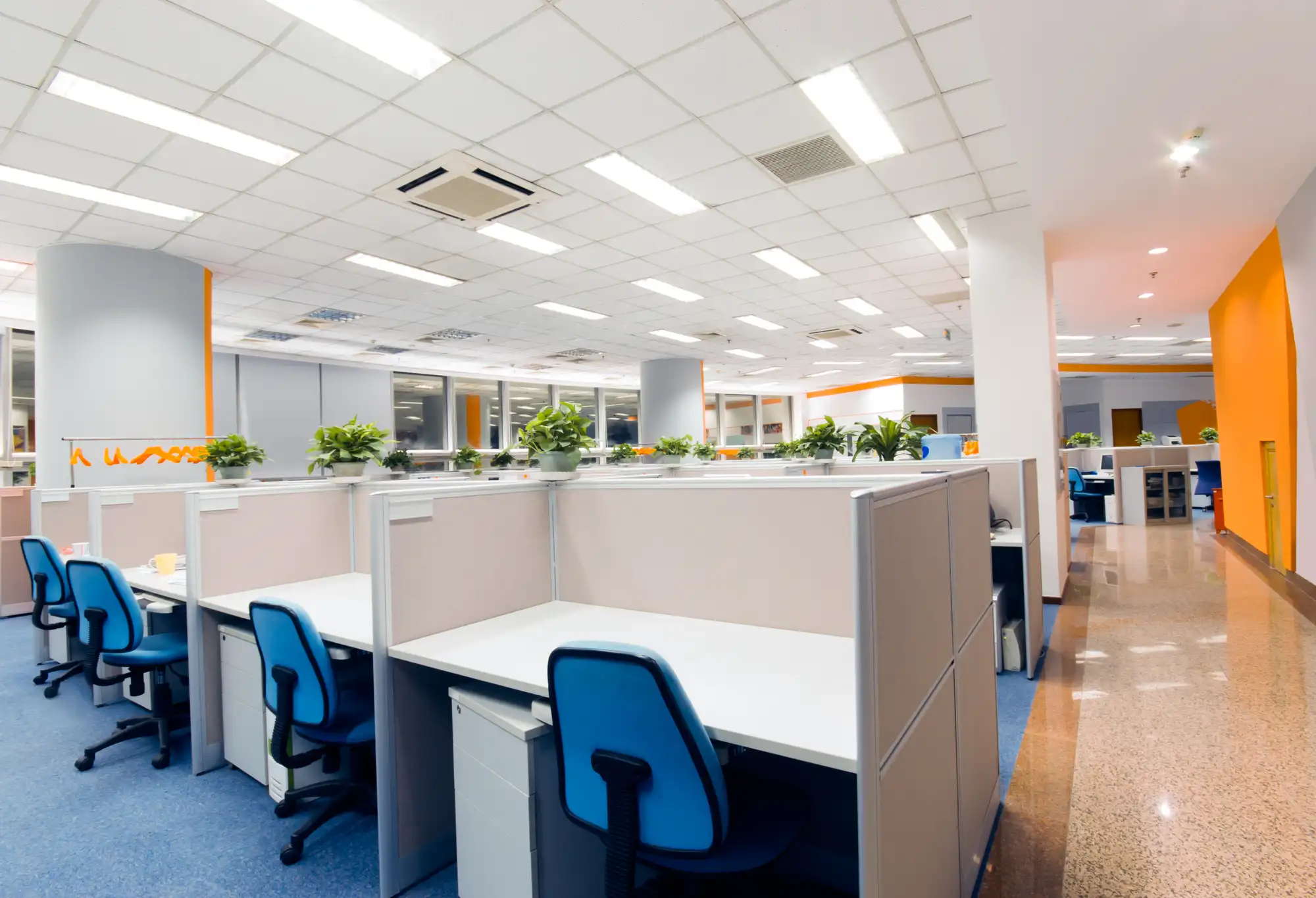 clean office with white desks and blue desk chairs