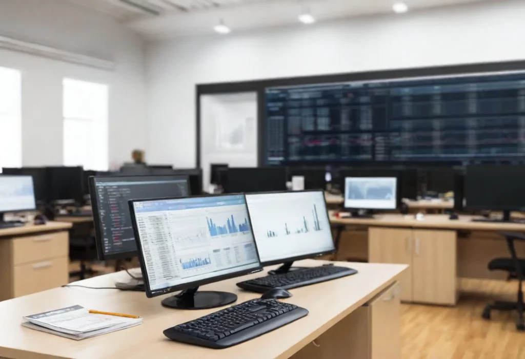 Financial Institution with trading boards in background