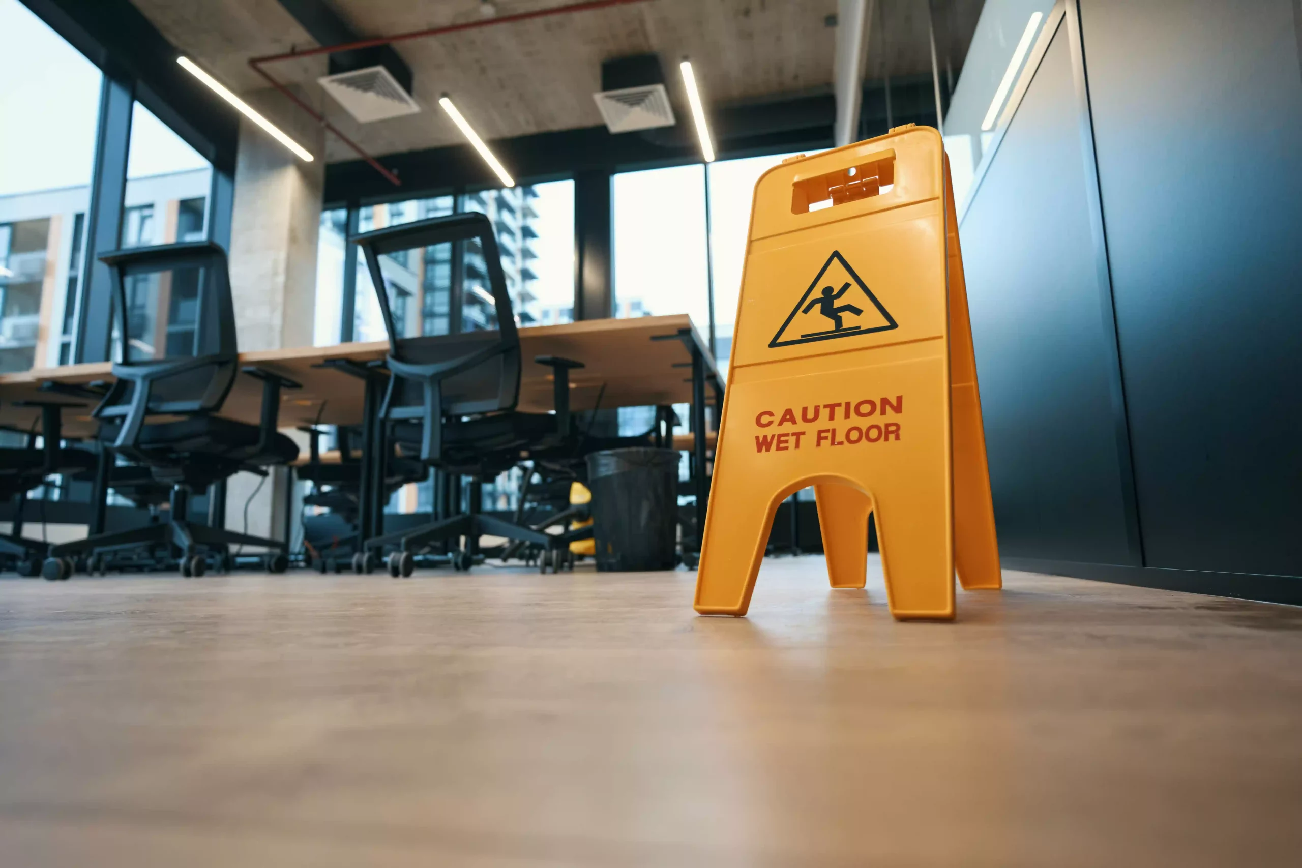 wet floor sign on office floor