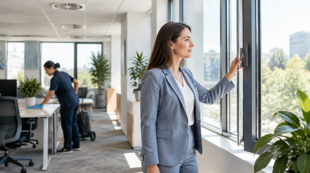 woman opening windows in office for ventilation while other woman is cleaning office